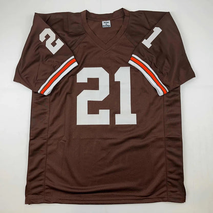 Autographed eric metcalf cleveland brown custom football jersey brown with white and orange trim and number 21 for professional sports league