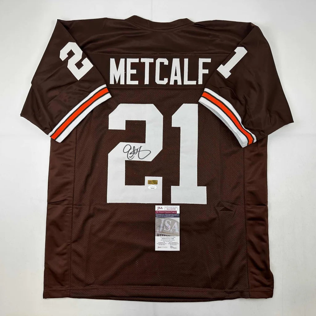 Back view of autographed eric metcalf cleveland brown football custom jersey with white orange trim and number 21 for professional sports league fans