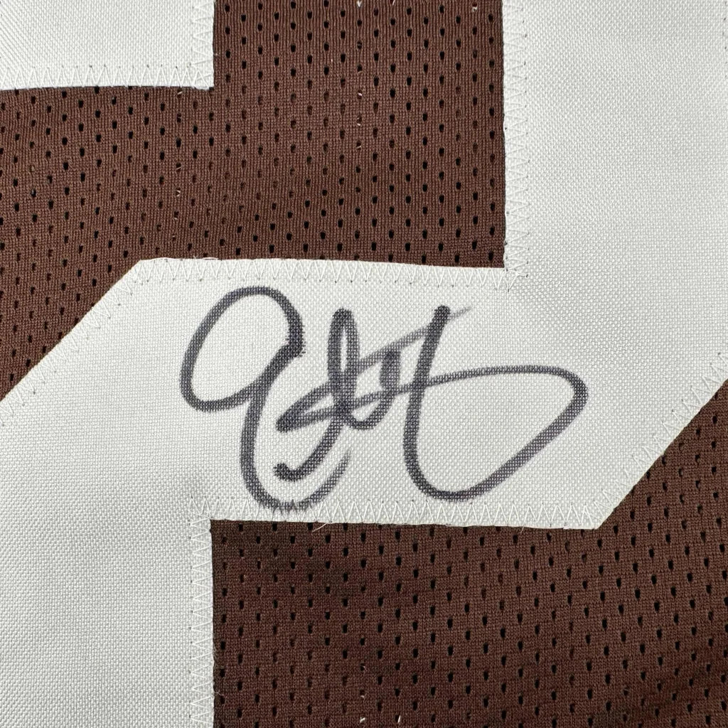 Autographed brown and white mesh eric metcalf custom jersey with black signature for professional sports league fans