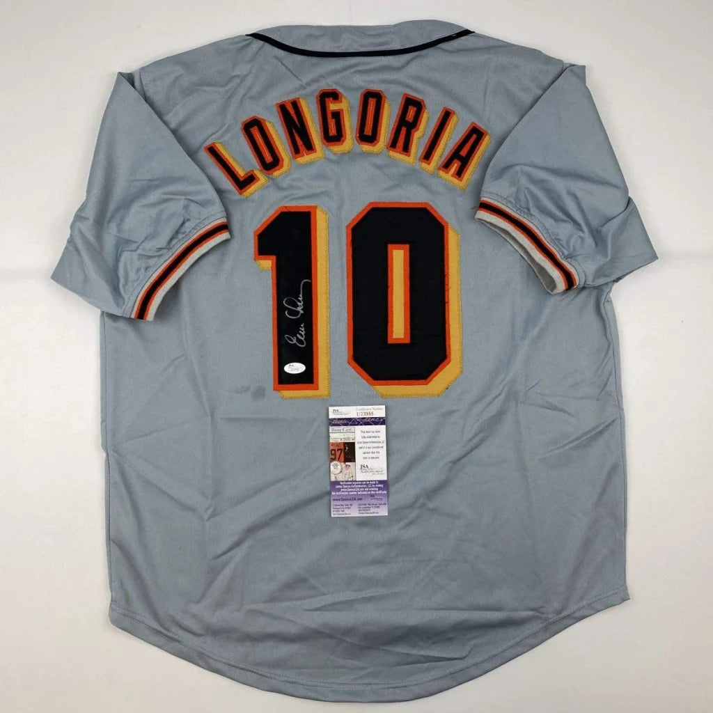 Gray custom jersey with LONGORIA 10 autograph and authentication sticker from pro sports league