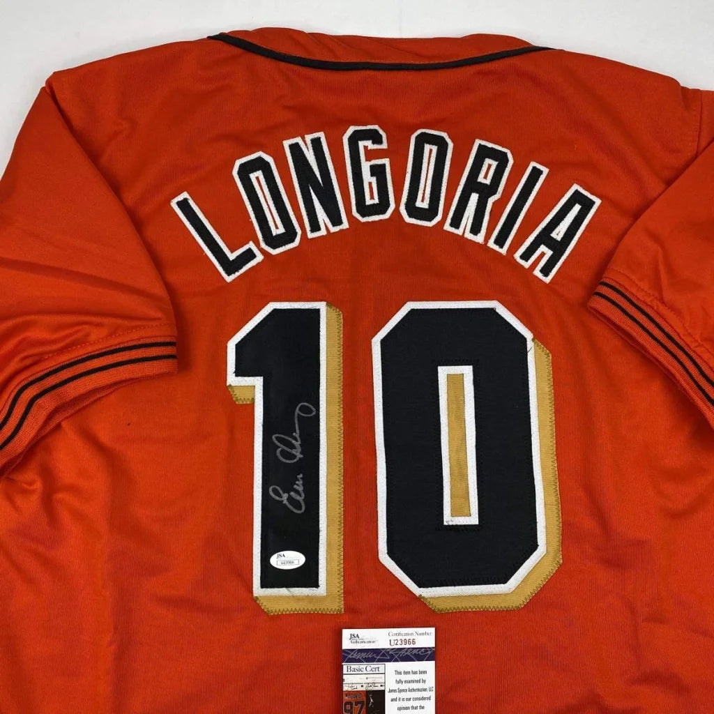 Autographed Evan Longoria custom orange jersey with black and gold lettering, number 10, JSA COA