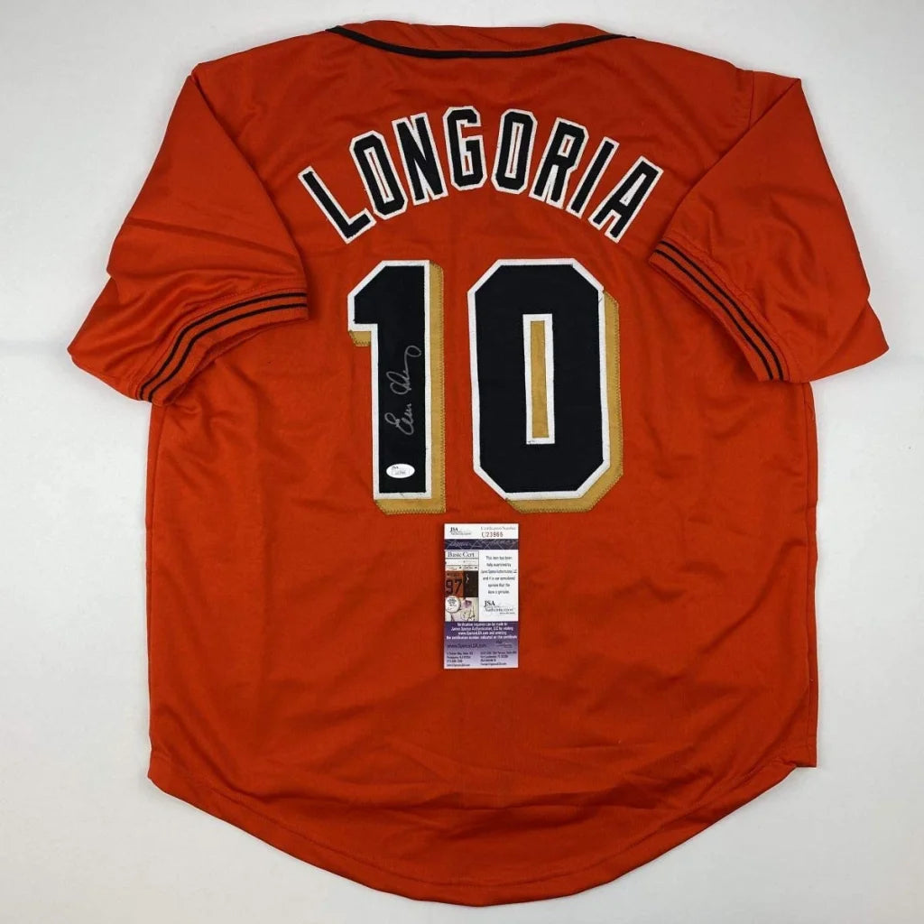 Autographed Evan Longoria custom orange jersey with number 10, JSA COA