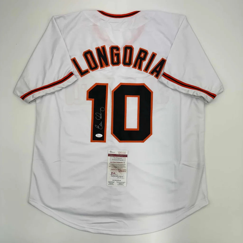 Autographed Evan Longoria San Francisco White Baseball Jersey JSA COA | Hall of Fame Sports Memorabilia | vintageantiquesgifts.com