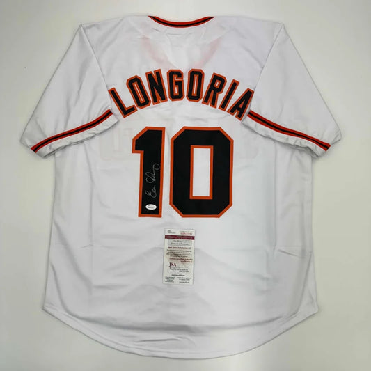 Autographed Evan Longoria San Francisco White Baseball Jersey JSA COA | Hall of Fame Sports Memorabilia | vintageantiquesgifts.com
