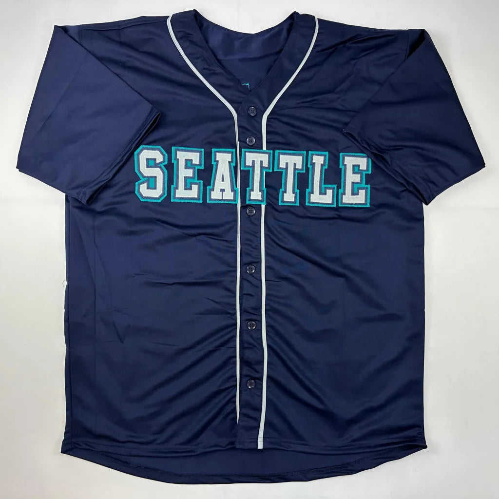 Navy blue custom jersey with SEATTLE in teal and white for professional sports fans