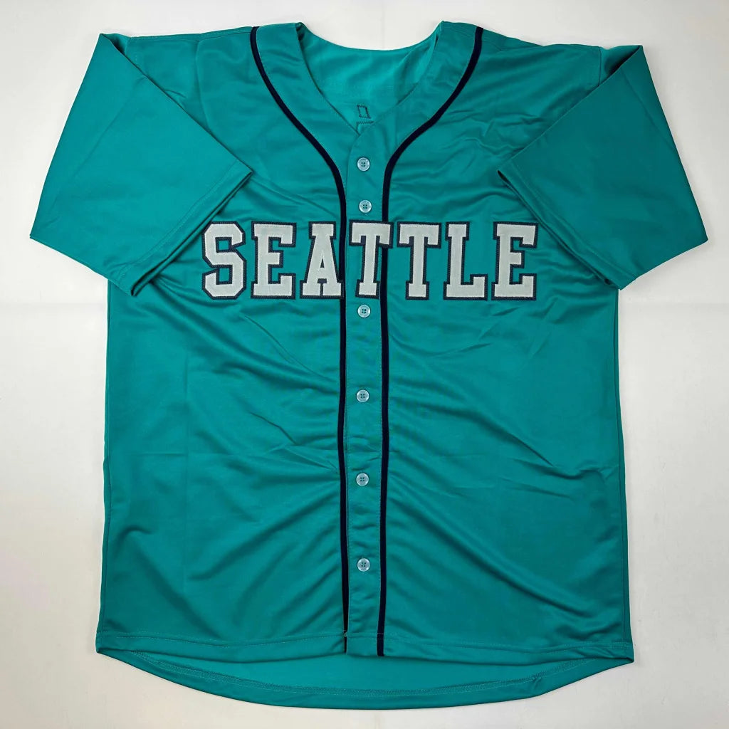 Teal custom jersey with dark trim and front buttons for professional sports league