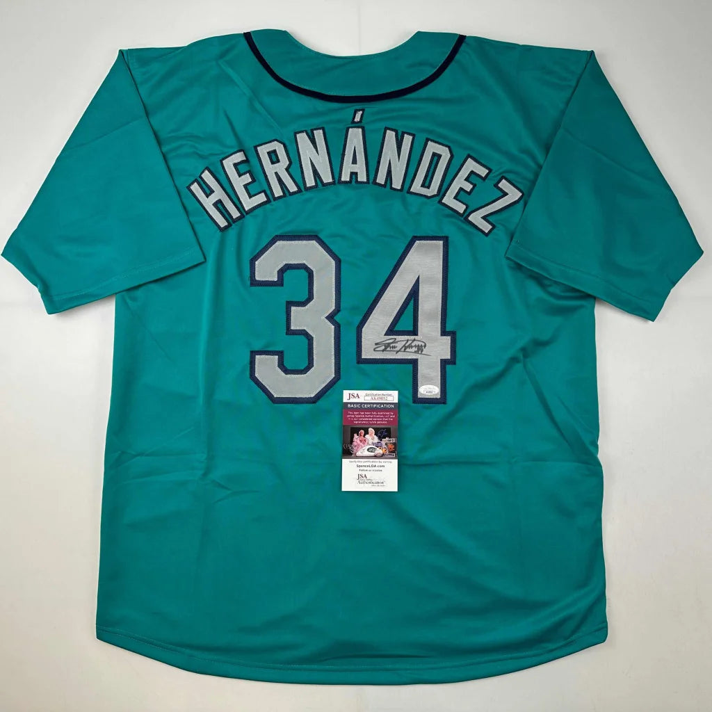 Autographed Felix Hernandez teal custom jersey with silver Hernándenz 34, JSA COA