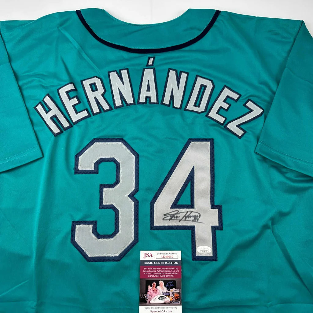 Teal custom jersey with Hernandez 34 autographed for professional sports league fans