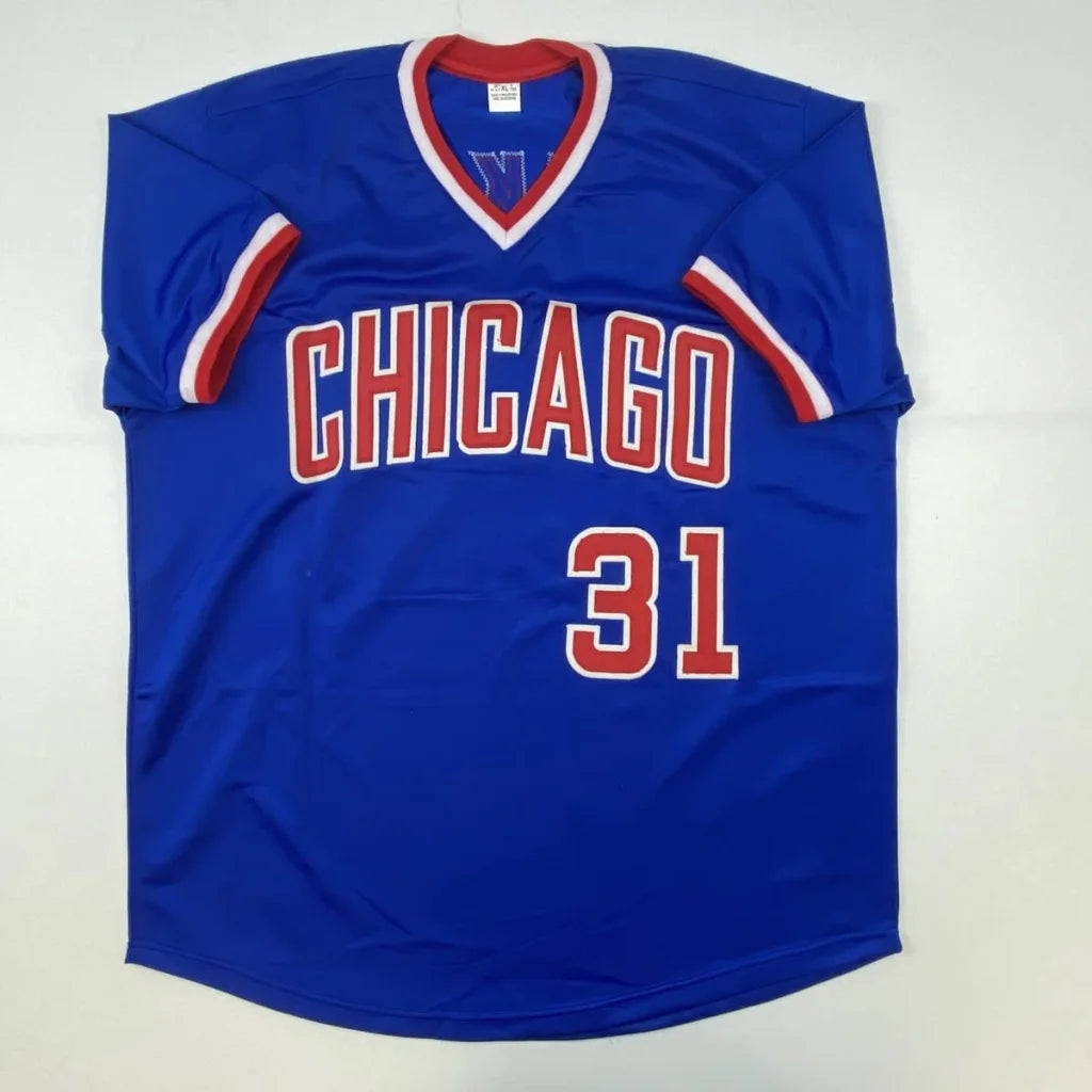 Blue short-sleeved Chicago baseball jersey with red and white trim, authentic professional sports custom jersey