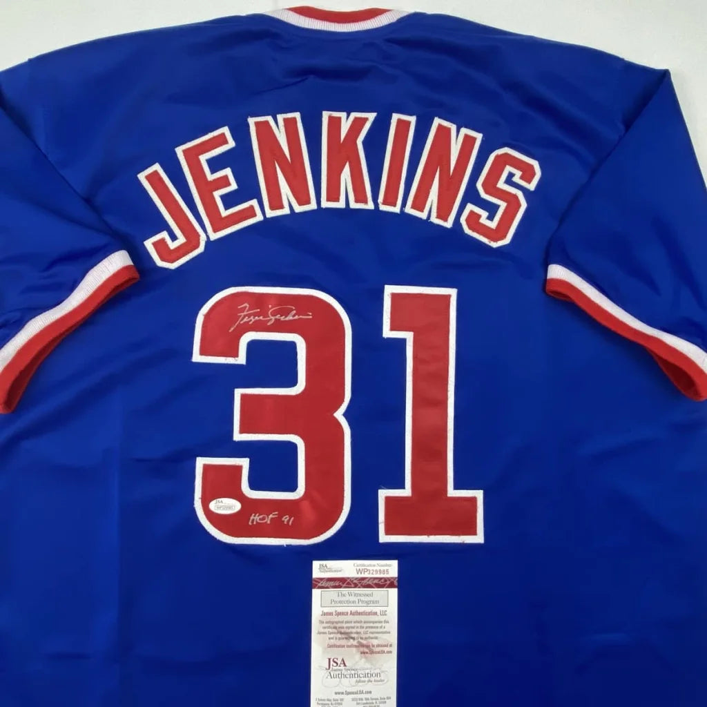 Blue professional sports league custom jersey with Jenkins 31 signature and JSA sticker