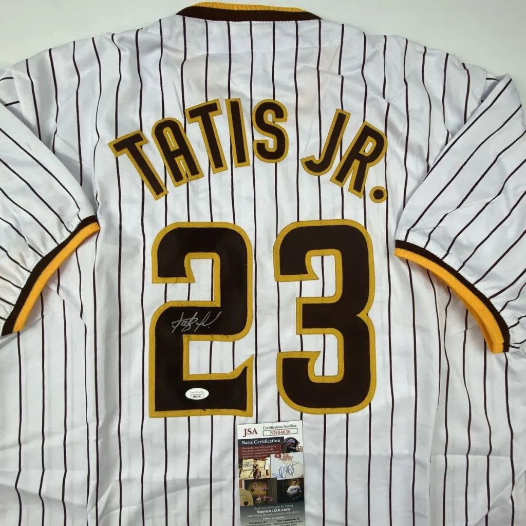 Autographed Fernando Tatis Jr. San Diego Pinstripe Baseball Jersey JSA COA | Certified Authentic Signed Memorabilia | vintageantiquesgifts.com
