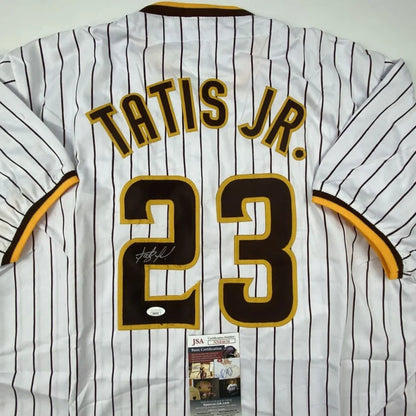 Autographed Fernando Tatis Jr. San Diego Pinstripe Baseball Jersey JSA COA | Certified Authentic Signed Memorabilia | vintageantiquesgifts.com