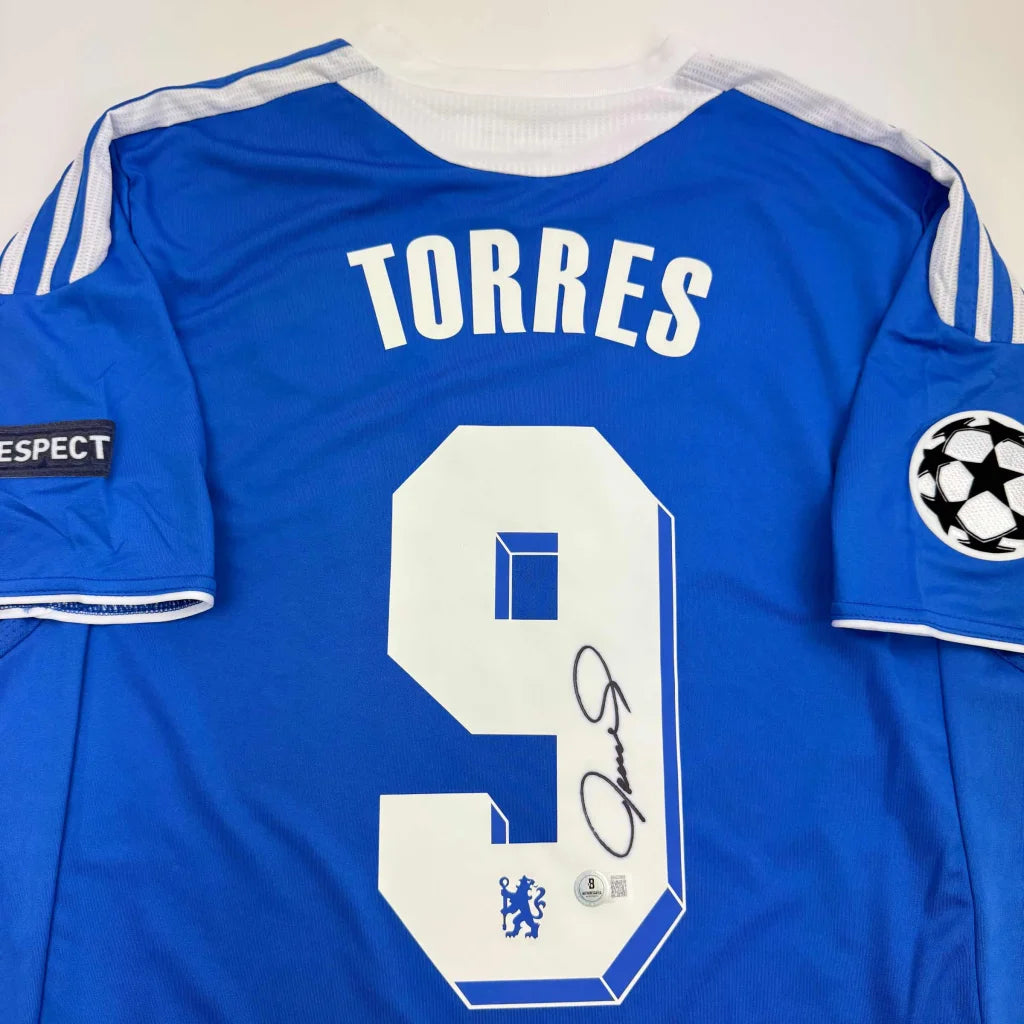 Autographed Fernando Torres Chelsea FC blue jersey back with number 9, signature, Champions League patch, Beckett BAS COA