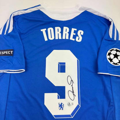 Autographed Fernando Torres Chelsea FC blue jersey back with number 9, signature, Champions League patch, Beckett BAS COA