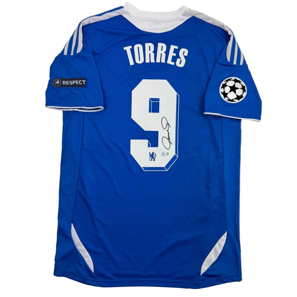 Back of autographed Fernando Torres Chelsea FC blue jersey with number 9, Torres name, signature, Beckett BAS COA