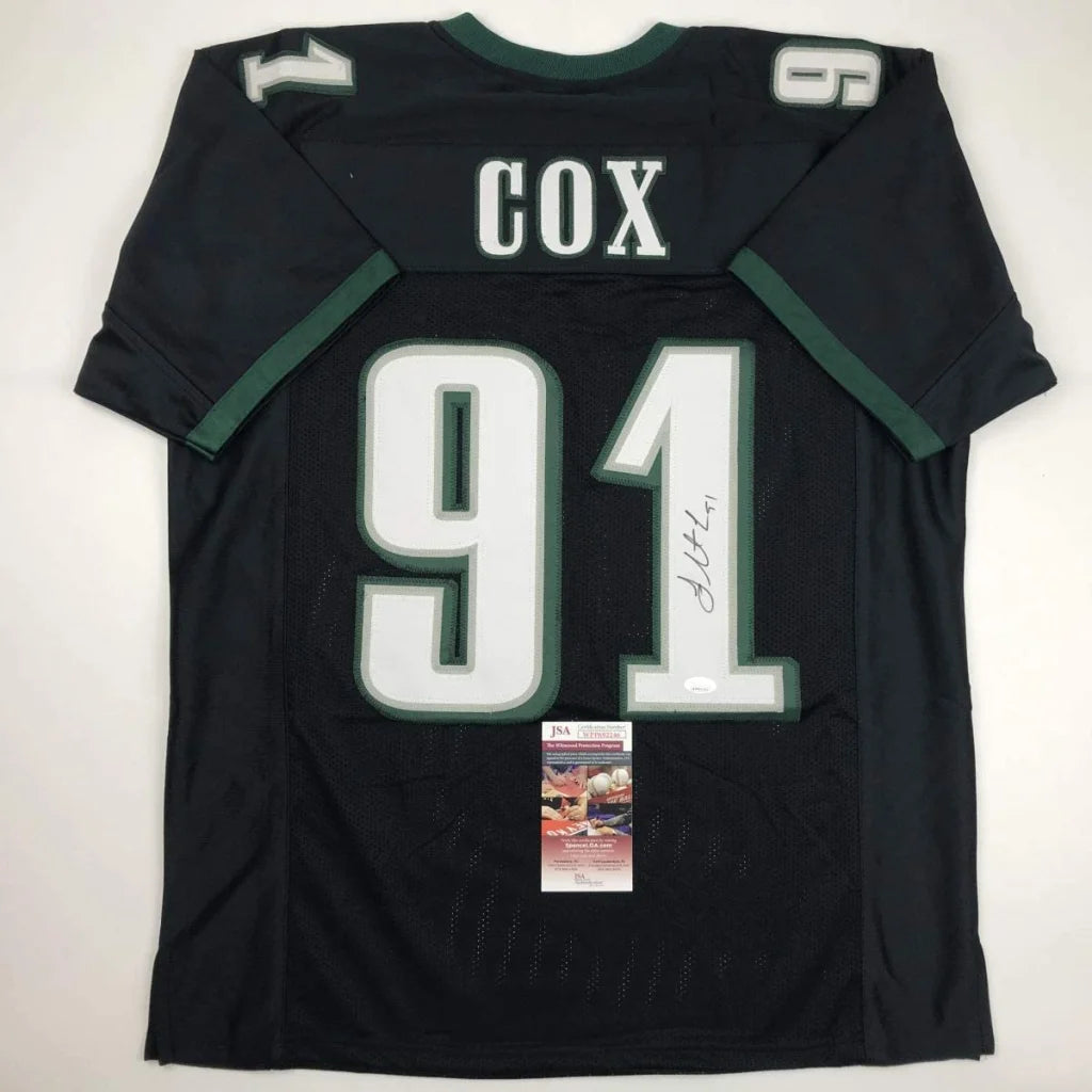 Black custom jersey with COX 91 autograph and PSA card, perfect for pro sports fans