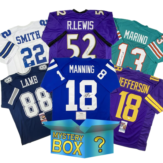 Autographed custom jersey mystery box with signed football jerseys and COA