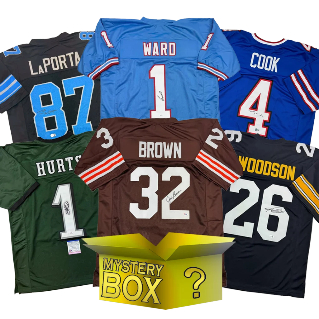 Autographed Football GOLD Series 4 Jersey Mystery Box with PSA JSA or Beckett COA | Hall of Fame Sports Memorabilia | vintageantiquesgifts.com
