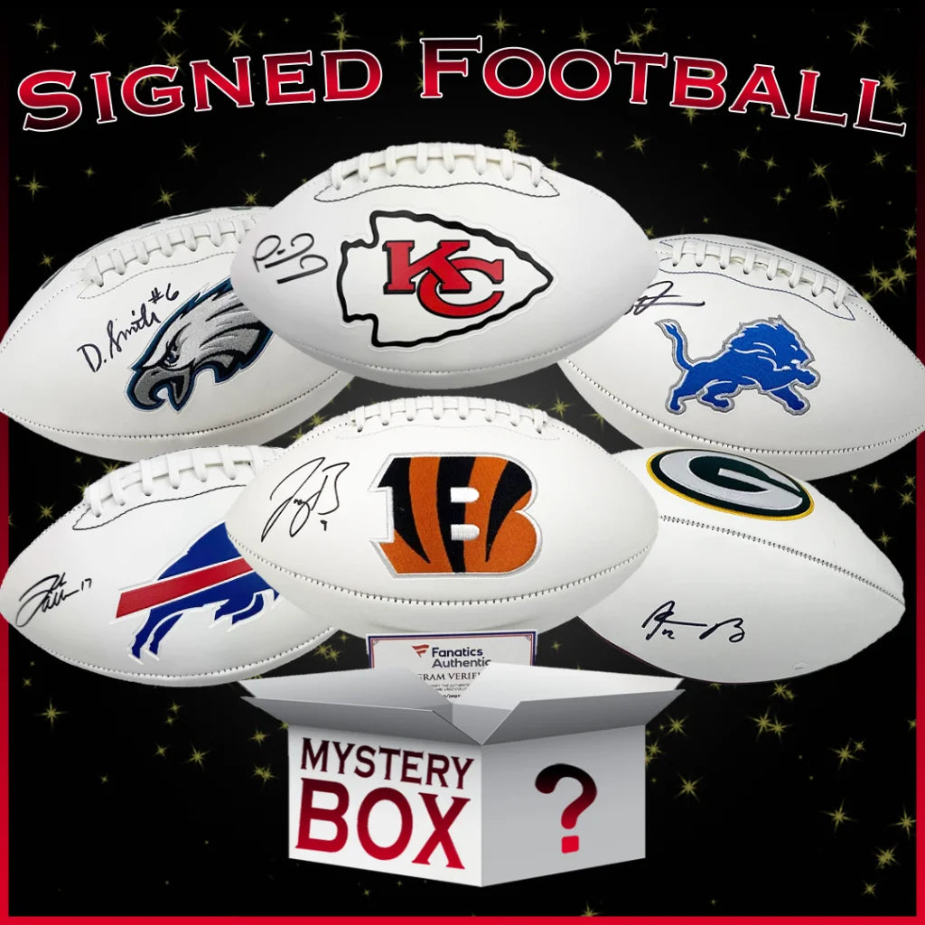 Signed football mystery box with NFL autographs and collectible footballs display