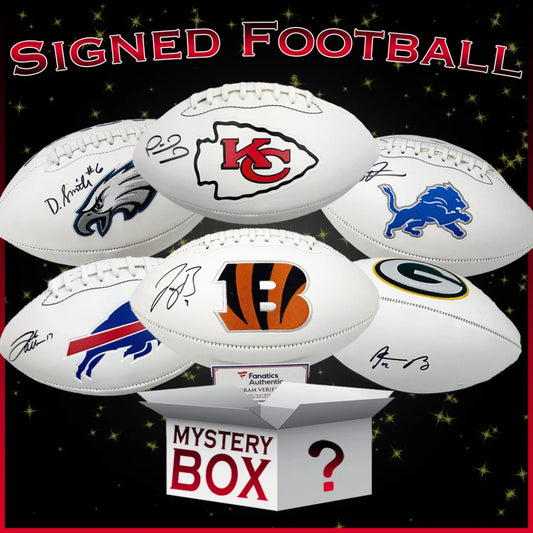 Signed football mystery box with NFL autographs and collectible footballs display