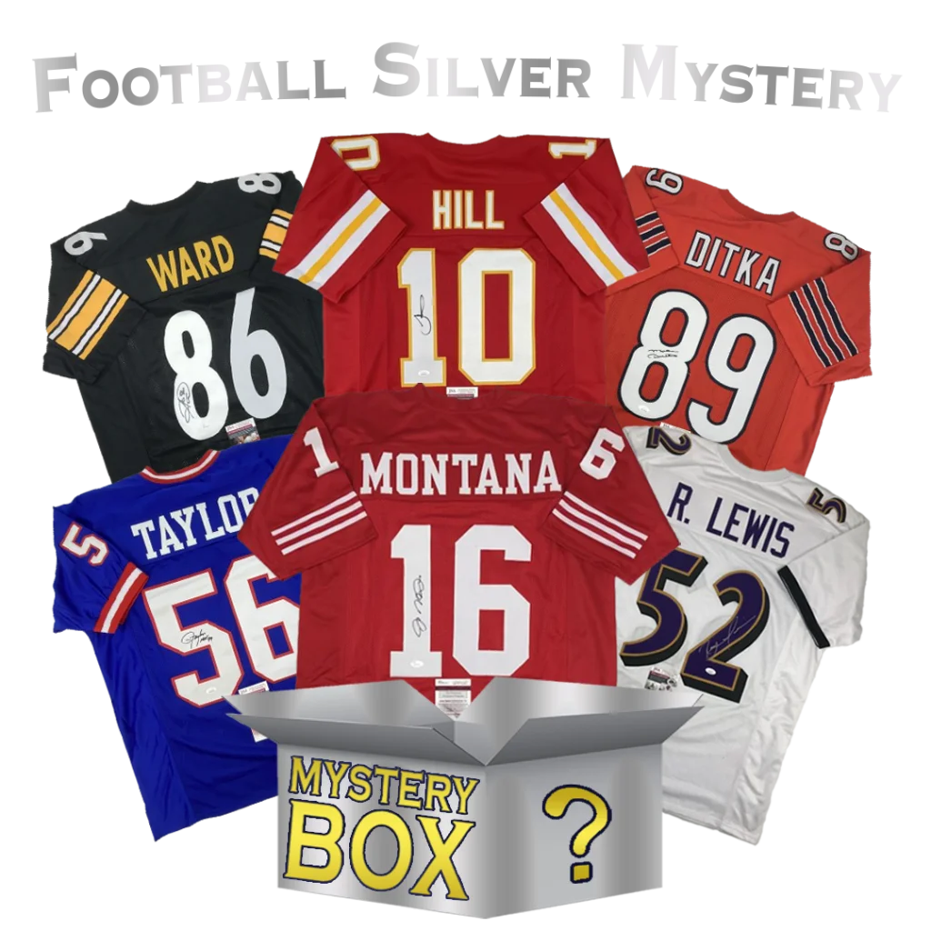 Autographed football jerseys in mystery box featuring signed custom jerseys from Football Legends