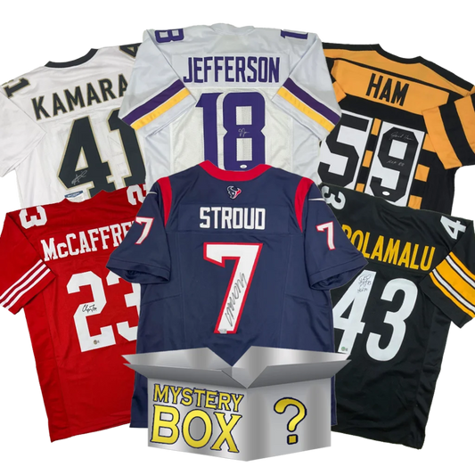 Signed custom jersey mystery box with Beckett COA featuring signed football jerseys and PSA JSA options