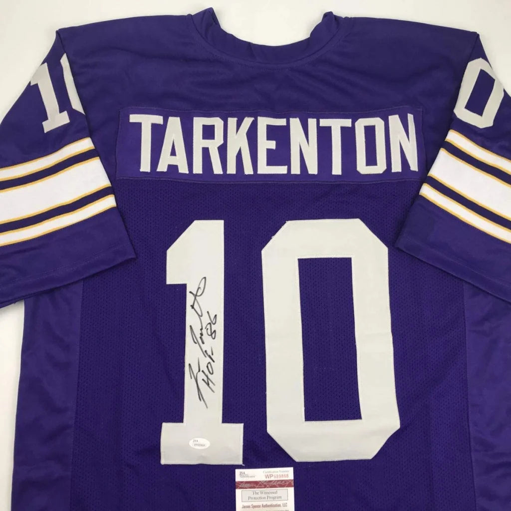 Purple custom football jersey with Tarkenton’s autograph, perfect for pro sports fans