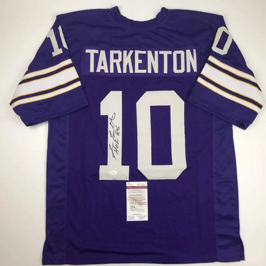 Purple custom football jersey with white and gold stripes signed by Fran Tarkenton for professional sports league fans