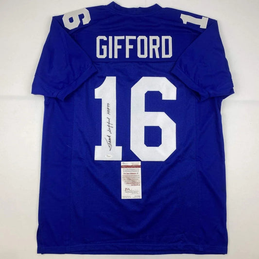 Blue Frank Gifford custom jersey with signature and number 16, perfect for pro sports fans