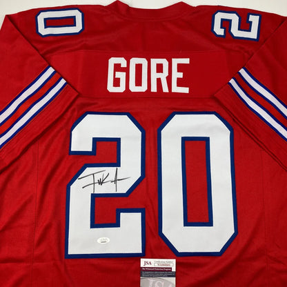 Back of autographed Frank Gore custom red Buffalo football jersey number 20