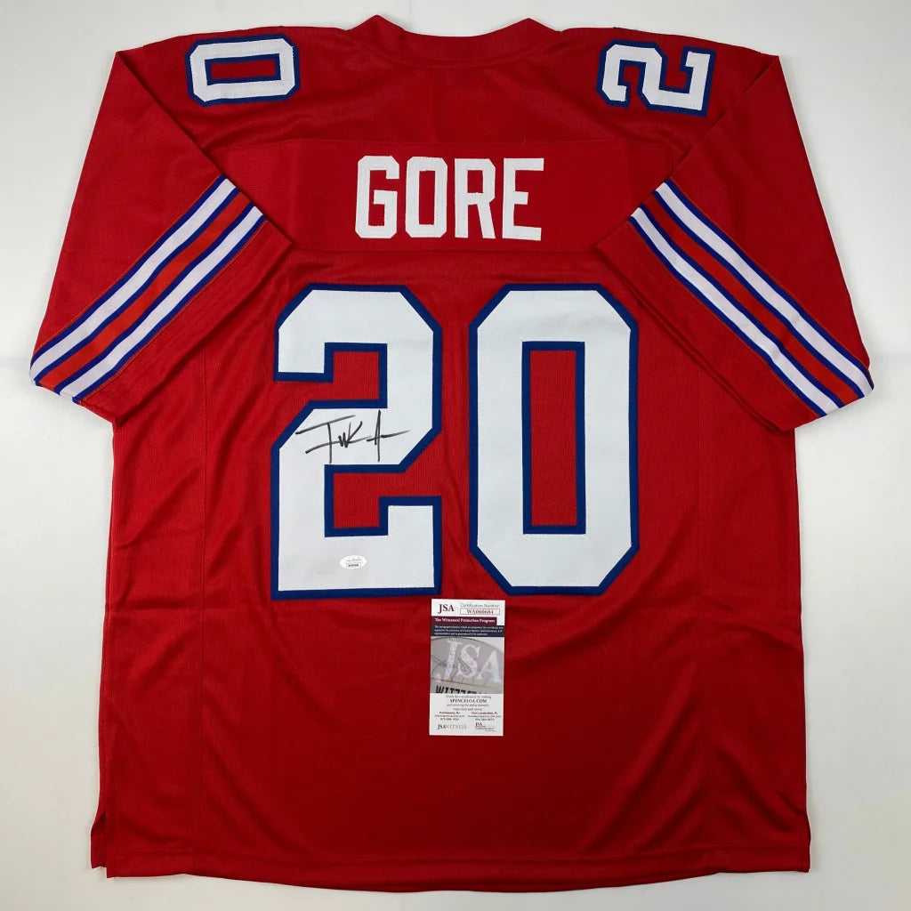 Back of autographed Frank Gore red custom Buffalo football jersey, Gore 20