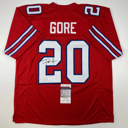 Back of autographed Frank Gore red custom Buffalo football jersey, Gore 20