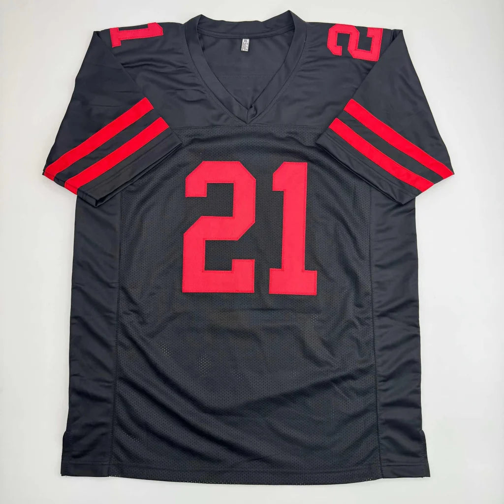 Black custom jersey with red 21 number and stripes for professional sports fans