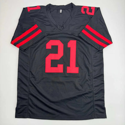 Black custom jersey with red 21 number and stripes for professional sports fans