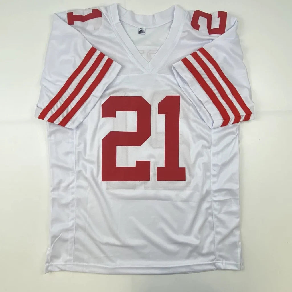 Autographed Frank Gore white custom jersey with red 21, San Francisco pro sports