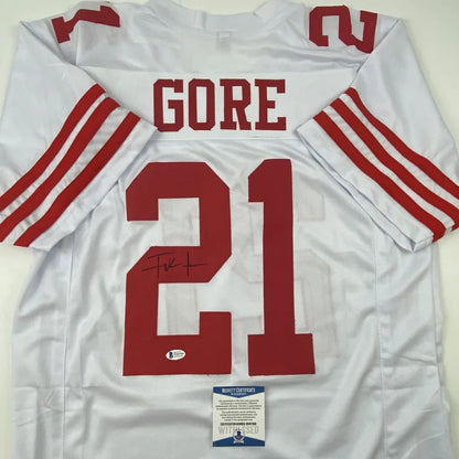 Autographed Frank Gore 21 white custom jersey, San Francisco, Beckett COA