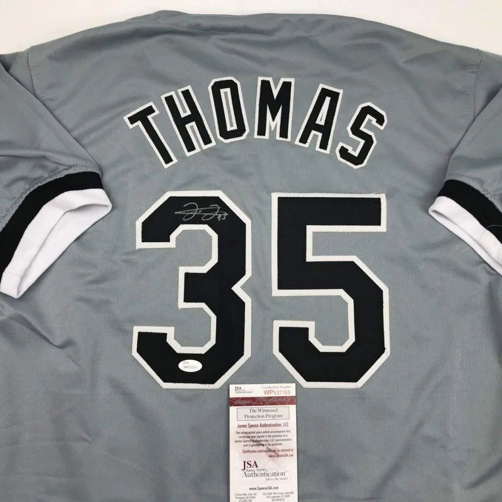 Autographed Frank Thomas gray custom jersey back, name Thomas 35, JSA COA