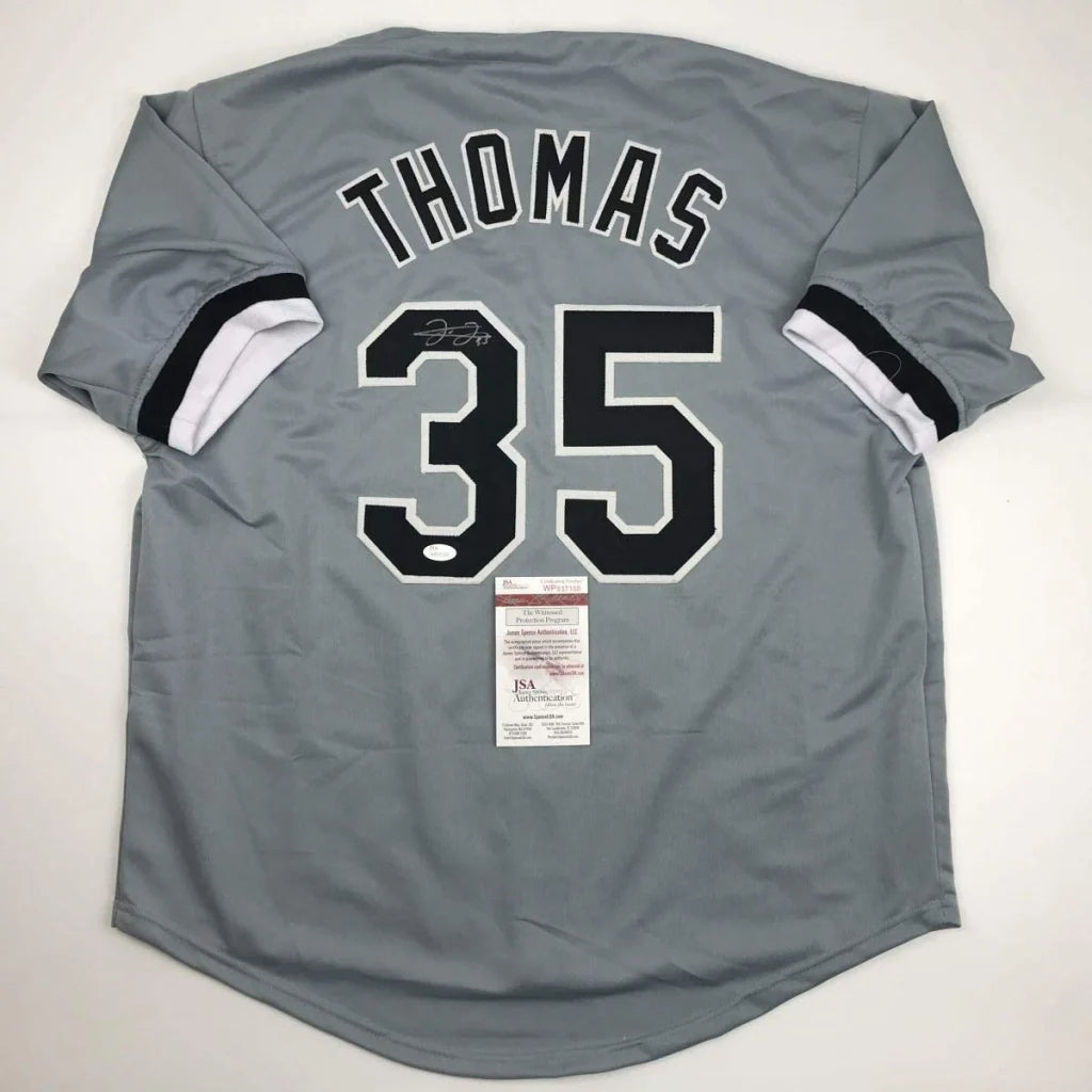 Autographed Frank Thomas gray custom jersey back, name Thomas 35, JSA COA