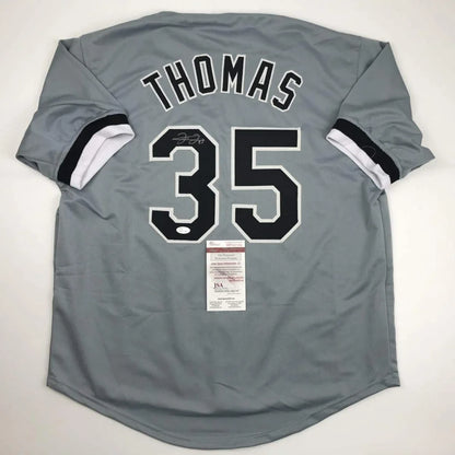Autographed Frank Thomas gray custom jersey back, name Thomas 35, JSA COA