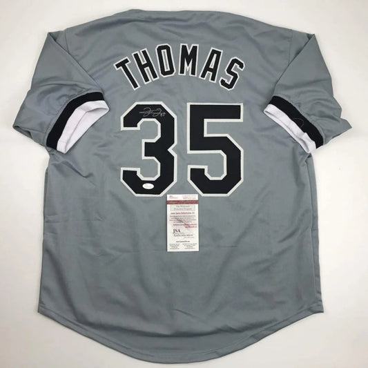 Autographed Frank Thomas gray custom jersey back, name Thomas 35, JSA COA
