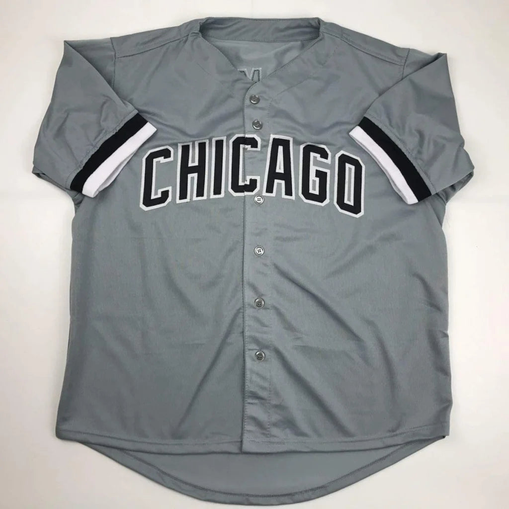 Gray Chicago jersey with CHICAGO on chest and striped sleeves, perfect frank thomas jersey