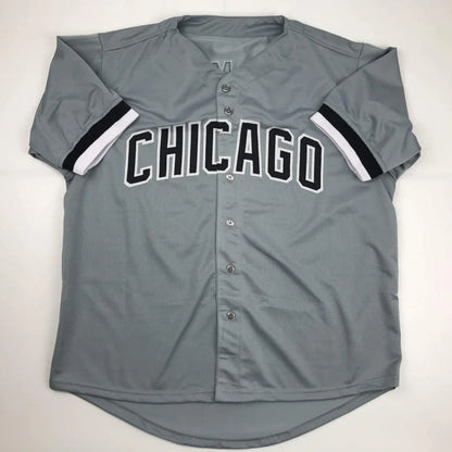 Gray Chicago jersey with CHICAGO on chest and striped sleeves, perfect frank thomas jersey