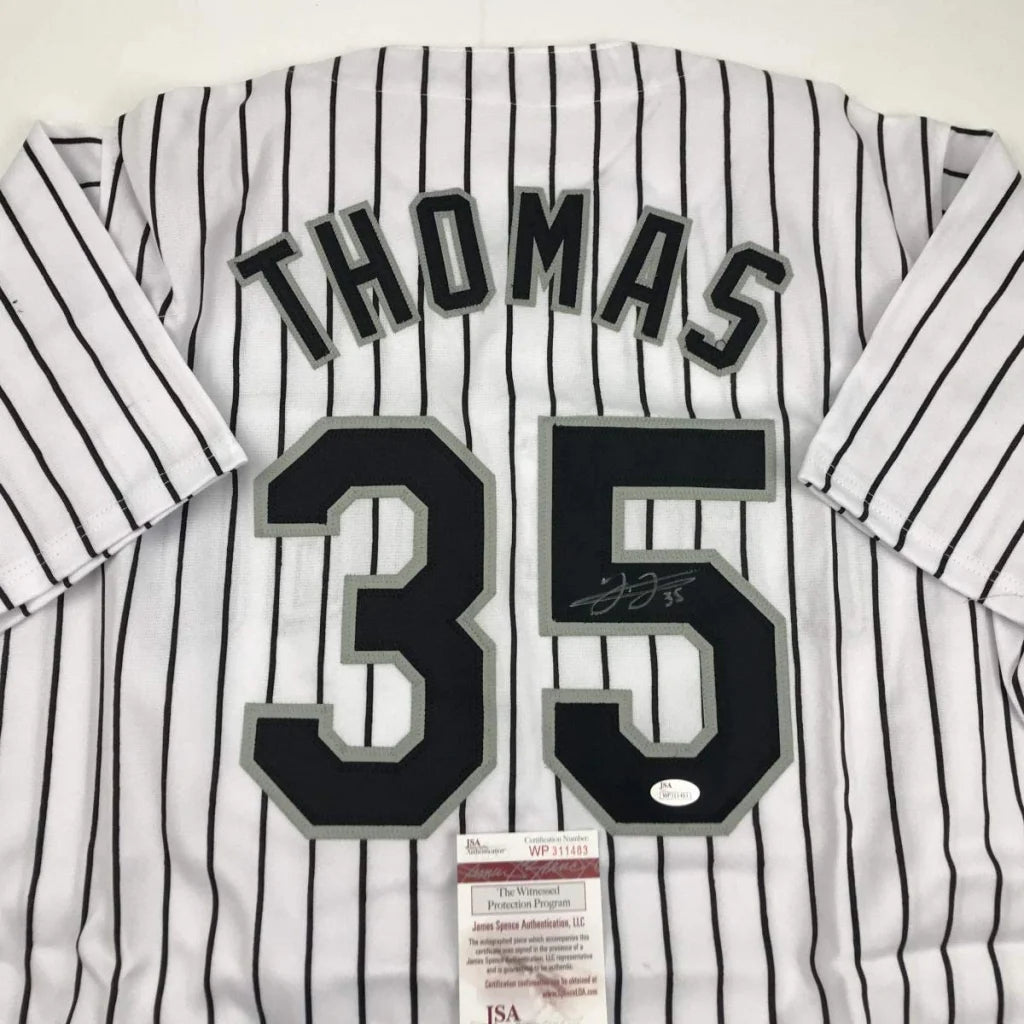 Autographed Frank Thomas Chicago Pinstripe Baseball Jersey JSA COA | Certified Authentic Signed Memorabilia | vintageantiquesgifts.com