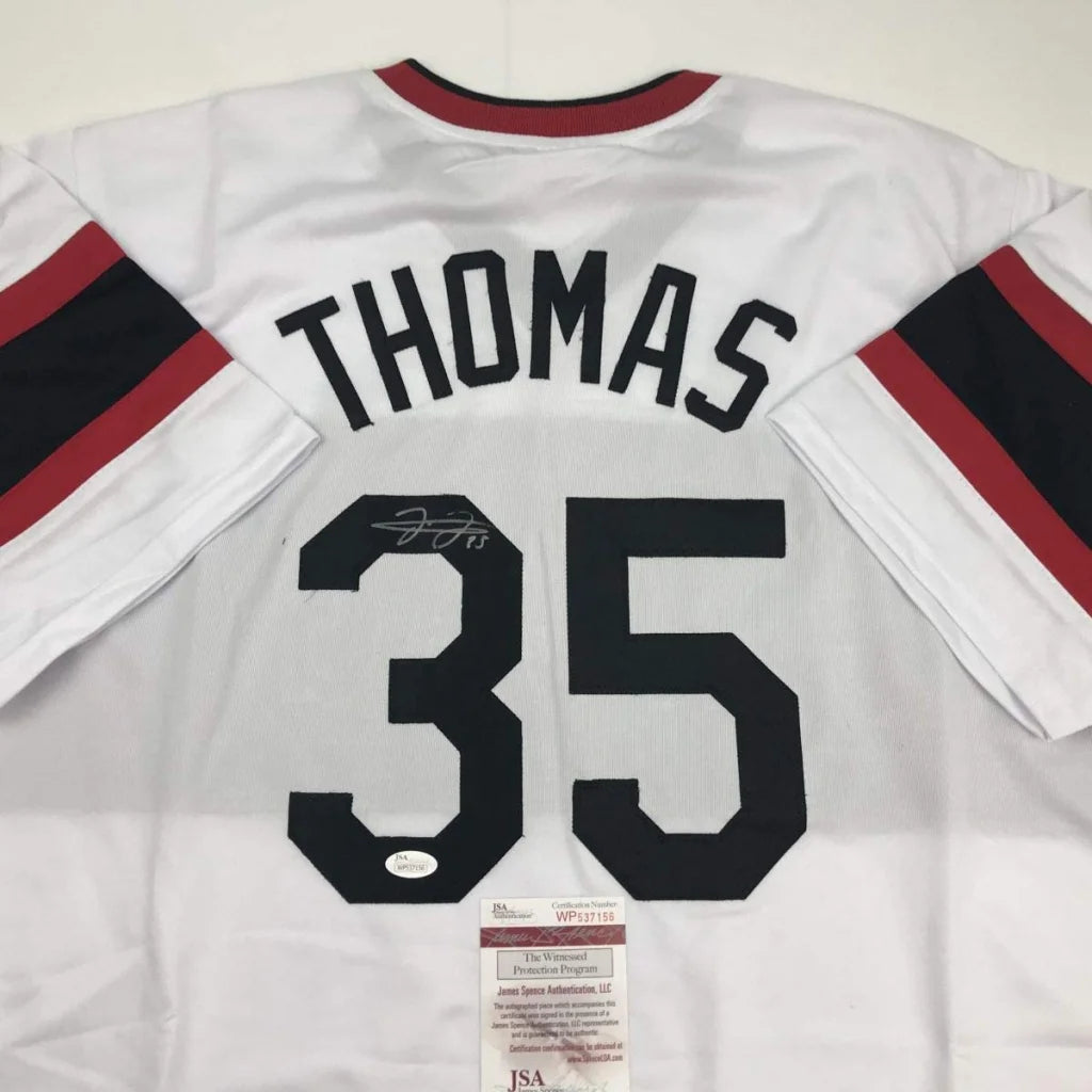 Autographed Frank Thomas Chicago Retro White Baseball Jersey JSA COA | Certified Authentic Signed Memorabilia | vintageantiquesgifts.com