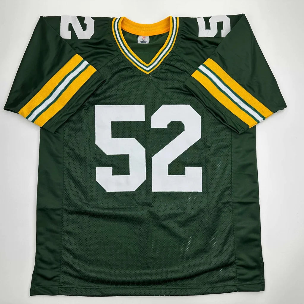Autographed Frank Winters green and yellow custom jersey with white 52, mesh fabric, striped sleeves for professional sports league fans
