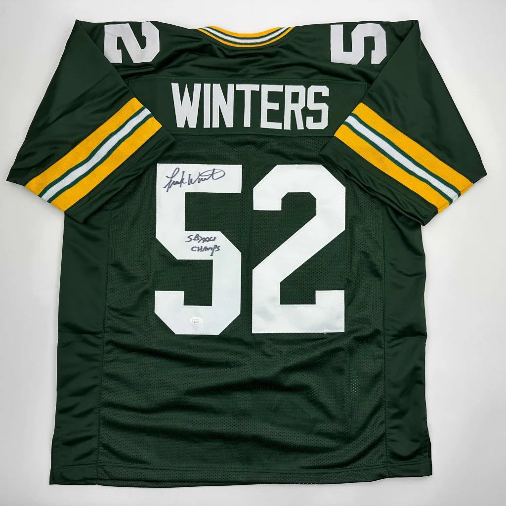 Autographed green and yellow Green Bay Packers custom jersey with white number 52 from professional sports league player Frank Winters