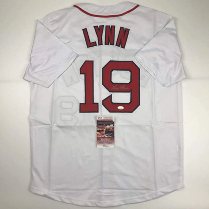 Back of autographed Fred Lynn custom Boston white baseball jersey number 19 JSA COA