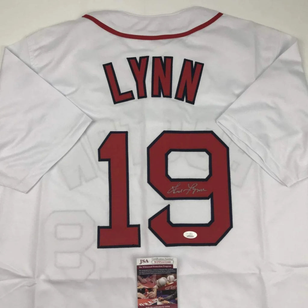 Back of autographed Fred Lynn custom jersey, white with red Lynn 19, JSA COA