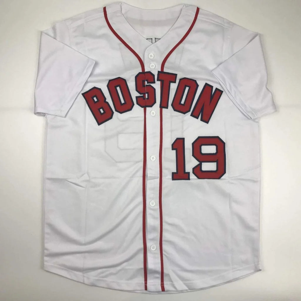 White custom jersey with red trim and numbers from the professional sports league