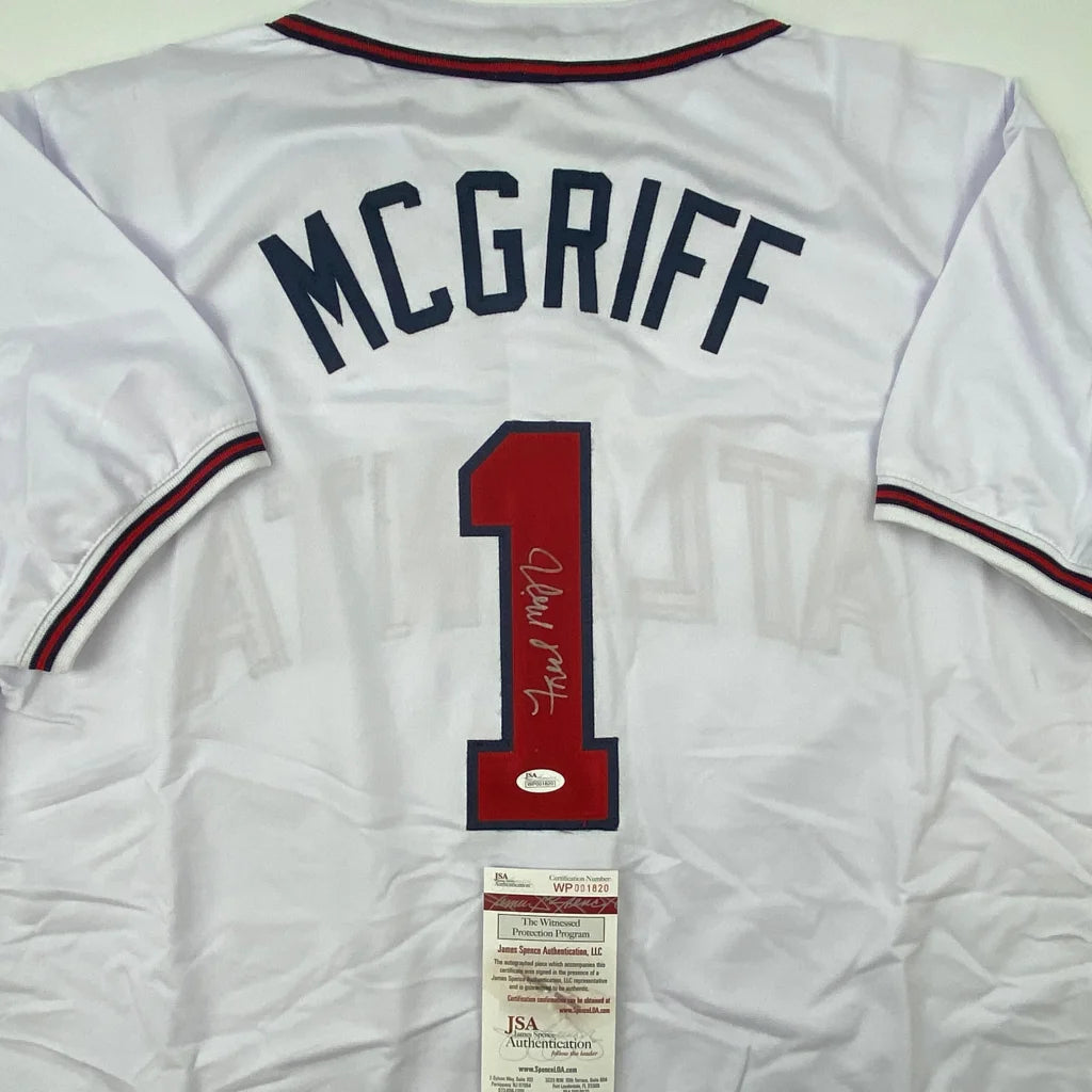 Autographed Fred McGriff Atlanta White Baseball Jersey JSA COA | Certified Authentic Signed Memorabilia | vintageantiquesgifts.com